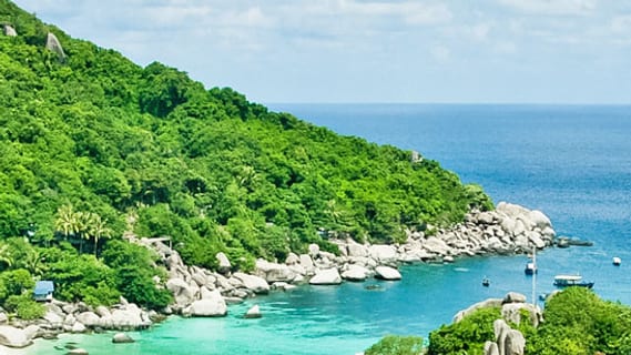 Green rocky coastline and turquoise sea at Koh Nang Yuan off Koh Tao