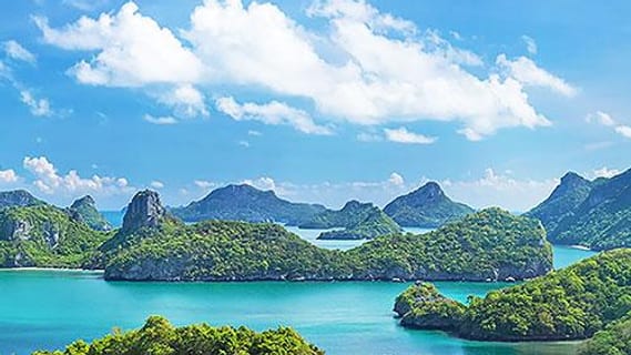 View over the turquoise islands of Ang Thong National Park near Koh Samui in April